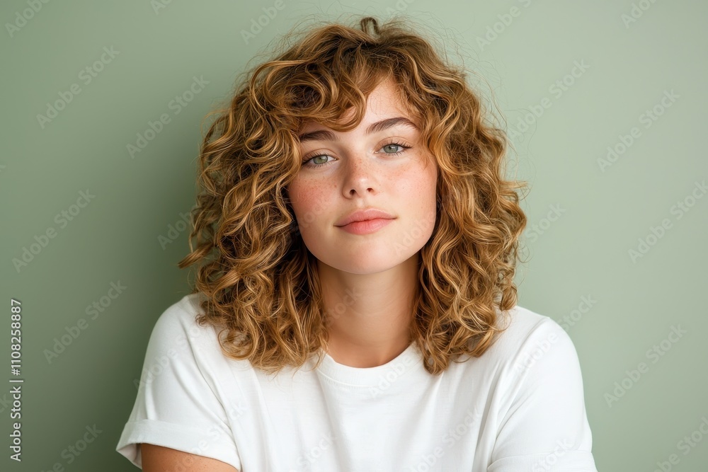 Young woman with curly hair posing against a green wall background Young woman with curly hair posing against a green wall background