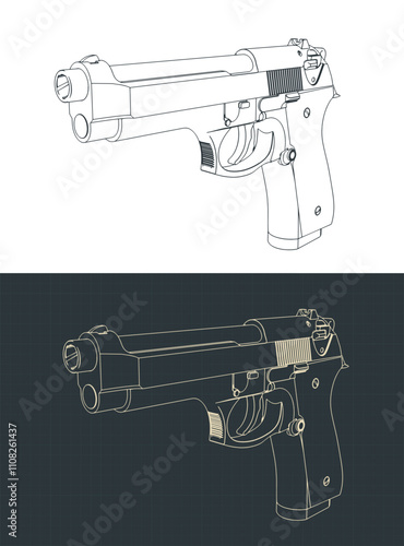 Semi-automatic pistol isometric blueprints