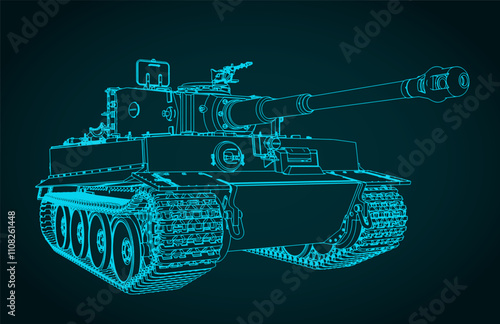 Tiger heavy German tank from World War II blueprints illustration