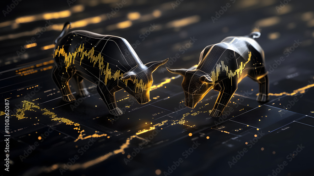 Fototapeta premium Digital Bull and Bear: Stock Market Trends in Black and Gold