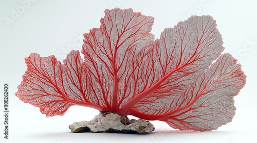 Red coral fan intricate design on white background. Decorative piece resembling sea fan or gorgon coral. Unique sea coral. Decorative item for home decor. Exotic ocean coral. Home decor item. photo