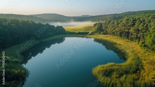 Serene landscape featuring a tranquil lake surrounded by lush green forests and misty hills under a clear blue sky during early morning