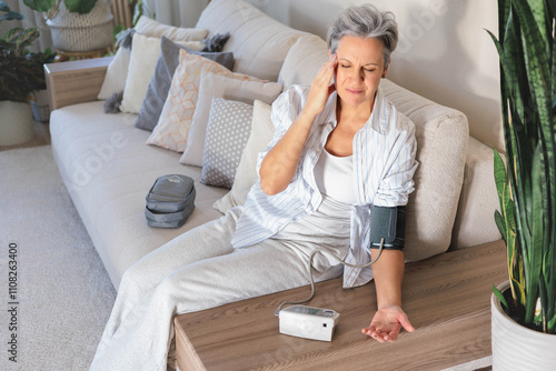 Mature beautiful middle-aged woman with gray hair sits on the couch and measures blood pressure