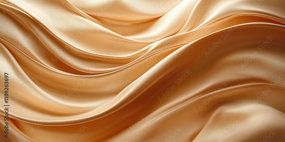 Fototapeta premium Smooth golden silk fabric drapes elegantly. Luxurious flowing fabric texture ideal for wedding backgrounds. Sepia tones give retro style. Generative AI created image for use as backdrop for weddings