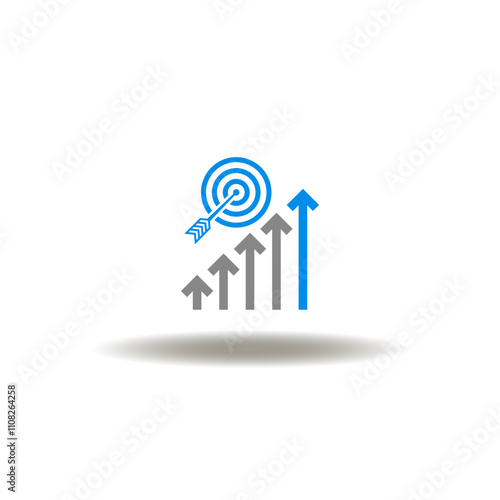 Vector illustration of growth graph with arrows up and target sign. Symbol of value. Icon of values.