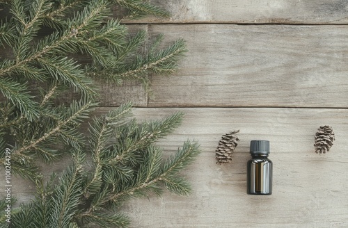 Essential fir oil (extract, tincture, infusion) in a small bottle photobombed by an aged wooden background. Evokes ideas of aromatherapy, spas, and herbal medicine. Space available for text. photo