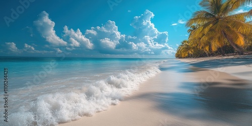 A stunning tropical beach scene featuring gentle waves, soft white sand, and lush palm trees under a vibrant blue sky with fluffy clouds