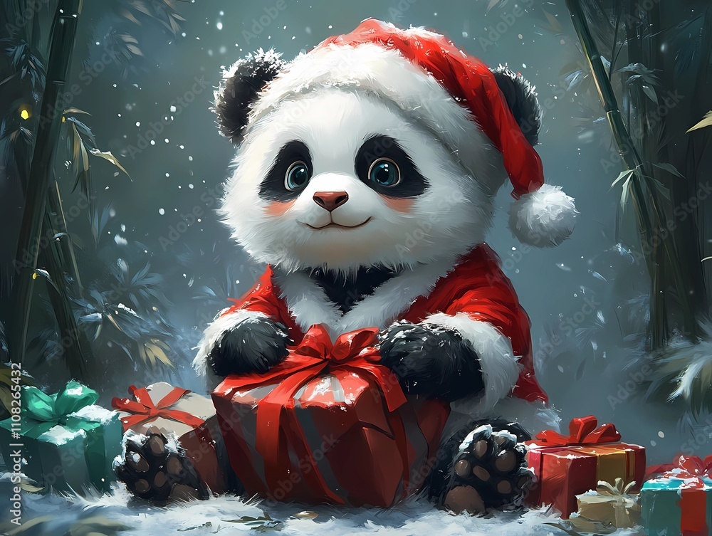 A cuddly panda in a Santa costume A cuddly panda in a Santa costume