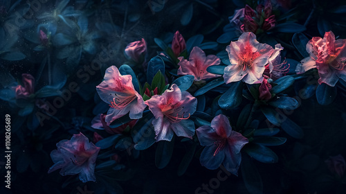 Fototapeta Naklejka Na Ścianę i Meble -  secret garden summer flowers azalea rhododendron natural treasures dark nature background mystical light texture