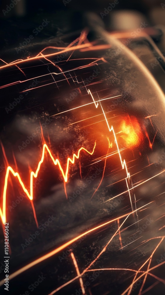 Obraz premium Abstract image featuring glowing orange lines resembling a heartbeat on a textured surface.