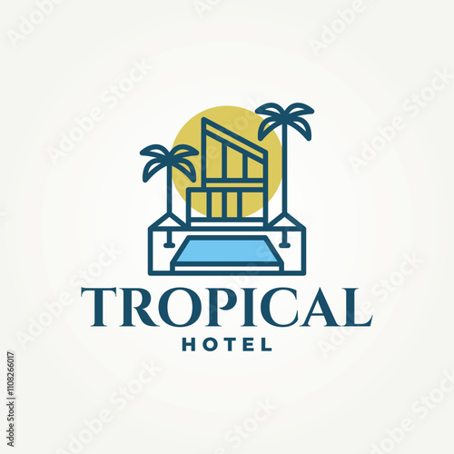 minimalist tropical hotel tropical line art icon logo vector illustration design. simple modern beach hotel, boutique, resort logo concept