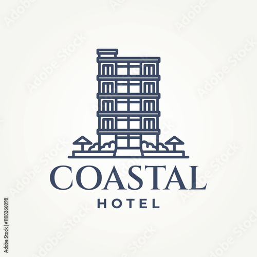minimalist coastal hotel line art icon logo vector illustration design. simple modern beach hotel, property, resort logo concept