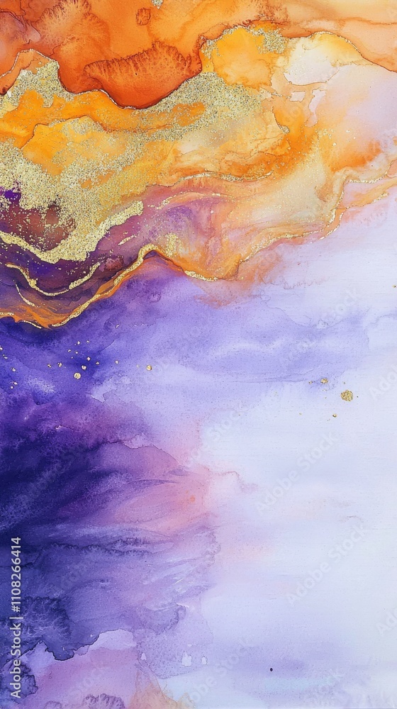 Naklejka premium A vibrant abstract watercolor painting featuring warm orange and purple hues, evoking a sense of calm and creativity.