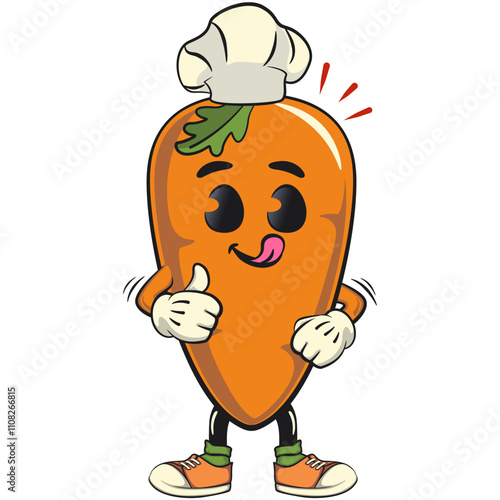 cute cartoon carrot character with cheerful face and leaf as chef give thumbs up, happy orange carrot mascot friendly expression, cartoon food, work of hand drawn