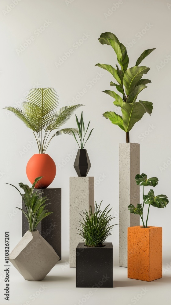 Fototapeta premium A vibrant display of various indoor plants in modern pots on minimalist pedestals, creating a lively ambiance.