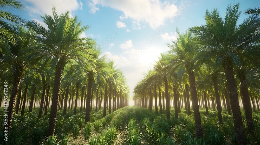Obraz premium Sunlit Oasis: A Serene Palm Tree Grove
