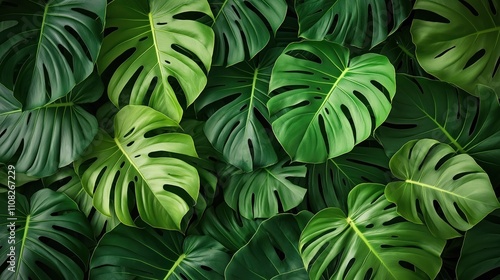 Tropical monstera deliciosa leaves create background. Deep green vibrant leaves fill image creating tropical vibe. Beautiful tropical plant leaves. Perfect for home decor design. Trendy, modern photo