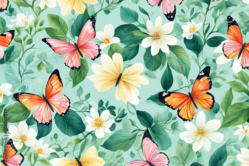 Vibrant butterflies elegantly floating among colorful flowers, lush green foliage, creating lively, cheerful atmosphere.Perfect for nature-themed project, floral design, greeting card, digital design.