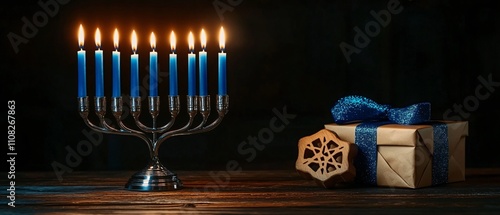 A silver menorah with blue candles beside a gift box, perfect for Hanukkah celebrations, evoking warmth and festivity in a tranquil setting.