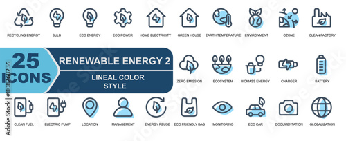 25 renewable energy icons. lineal color style. contains ozone,green house effect,clean factory,zero emission,ecosystem,biomass energy,charger,energy,full battery,electric pump,location.
