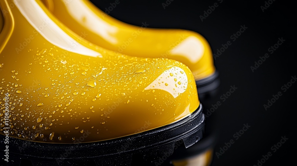 Obraz premium Macro shot of bright yellow rain boots against a deep black background, ideal for high-contrast fashion ads, sleek nighttime aesthetic