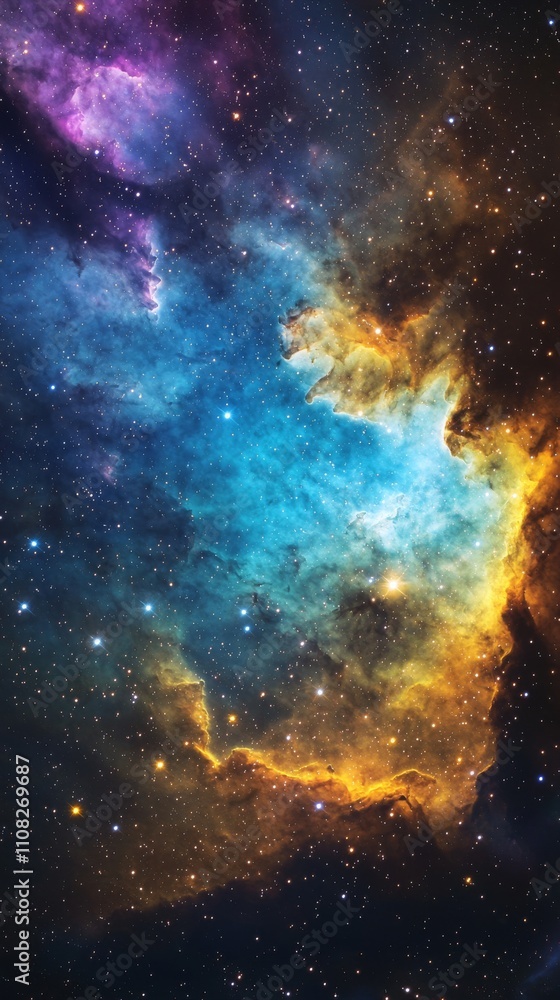 Naklejka premium Stunning cosmic landscape featuring vibrant gas clouds and sparkling stars in deep space.