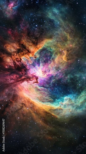 A vibrant and colorful cosmic nebula swirling in deep space, showcasing brilliant hues of purple, blue, and orange.