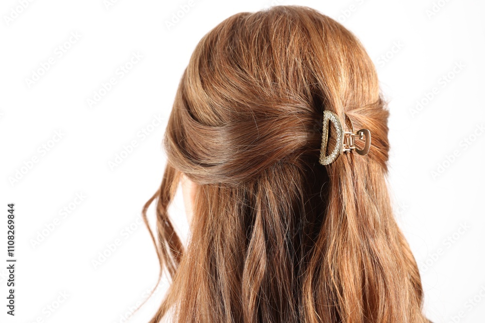 Naklejka premium Teenage girl with stylish hair clip on white background, back view