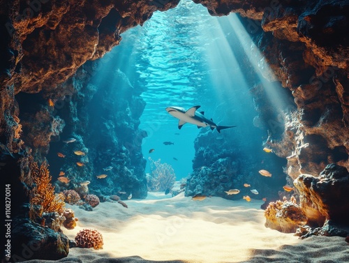 A coral reef under the sea, surrounded by sharks and fish swimming around it, inside an underwater cave photo