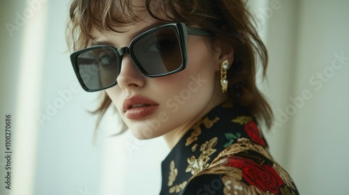 A white-skinned woman dressed in fashionable clothes, wearing black sunglasses framed