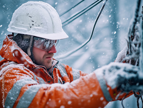 Snow-covered power lineman working on electrical lines while enduring harsh winter conditions in a remote area photo