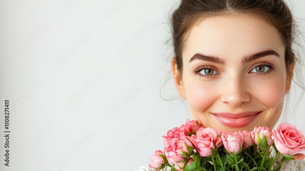 Young Woman Smiling with Pink Roses in Her Hands Against White Background Young Woman Smiling with Pink Roses in Her Hands Against White Background