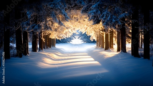 A snow-draped forest path, framed by majestic evergreens, the pure white snow reflecting soft sunlight through the crisp winter air, peaceful and undisturbed photo