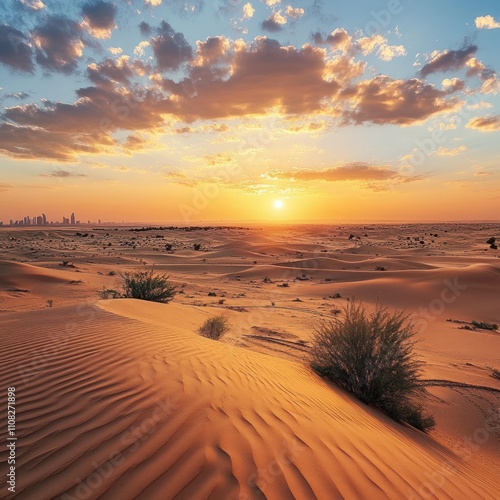 View of serene desert landscape at sunset dubai