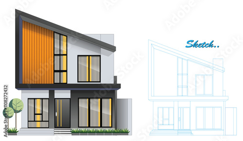Template of Modern Minimalist House Design with Blueprint Sketch