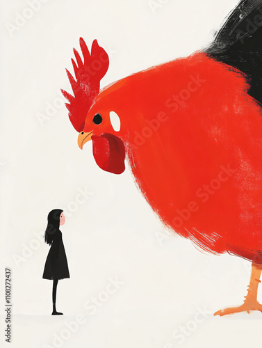 
A large rooster with red and black feathers stands next to the young girl, featuring exaggerated brushstrokes