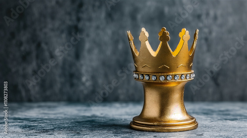 A shiny gold chess piece embellished with a detailed crown rests elegantly on a polished table surface, copy space