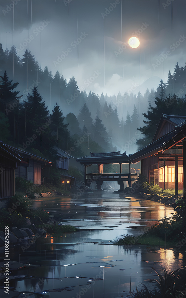 Fototapeta premium A misty night view of a traditional Japanese village with a river flowing through it.