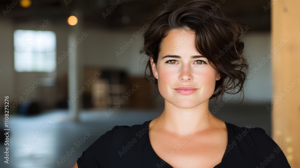 Fototapeta premium Confident Woman in Black Shirt Posing in Bright Indoor Space