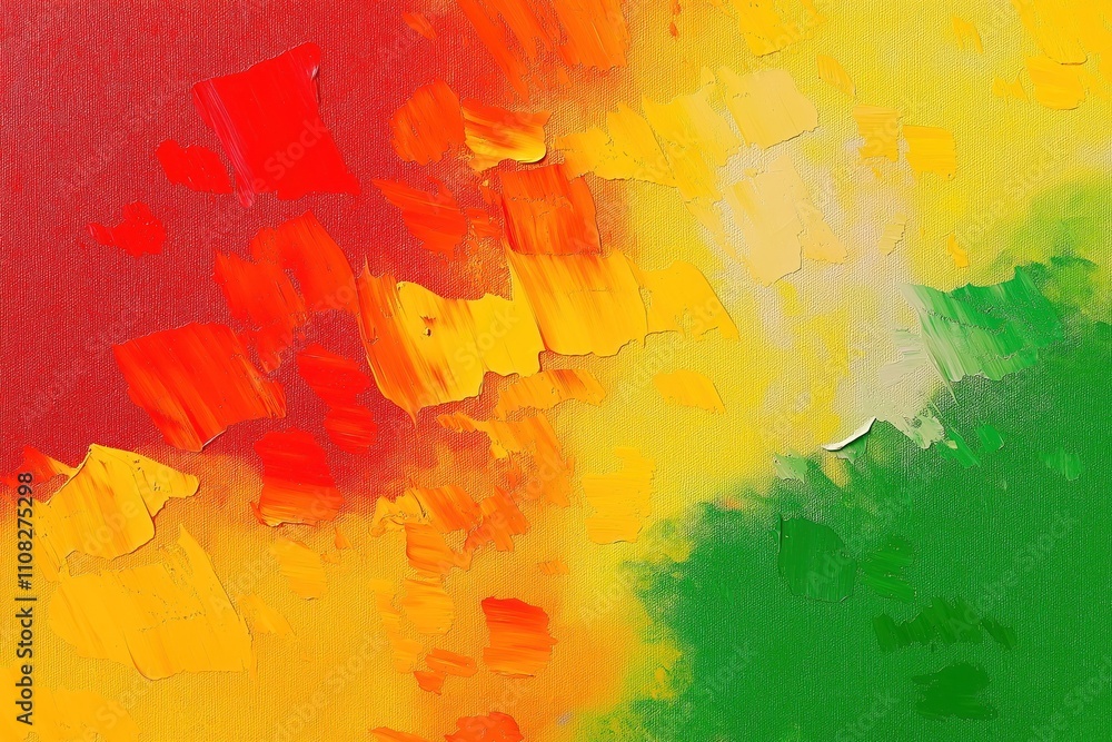 Obraz premium Abstract art piece showcasing vibrant colors red yellow and green with orange tones. Paint strokes create textured canvas surface. Modern art piece can be used for various design purposes.