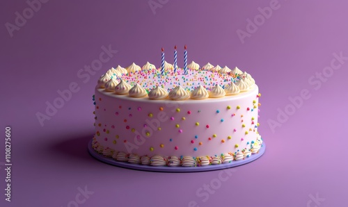 3 d render of birthday cake on purple background