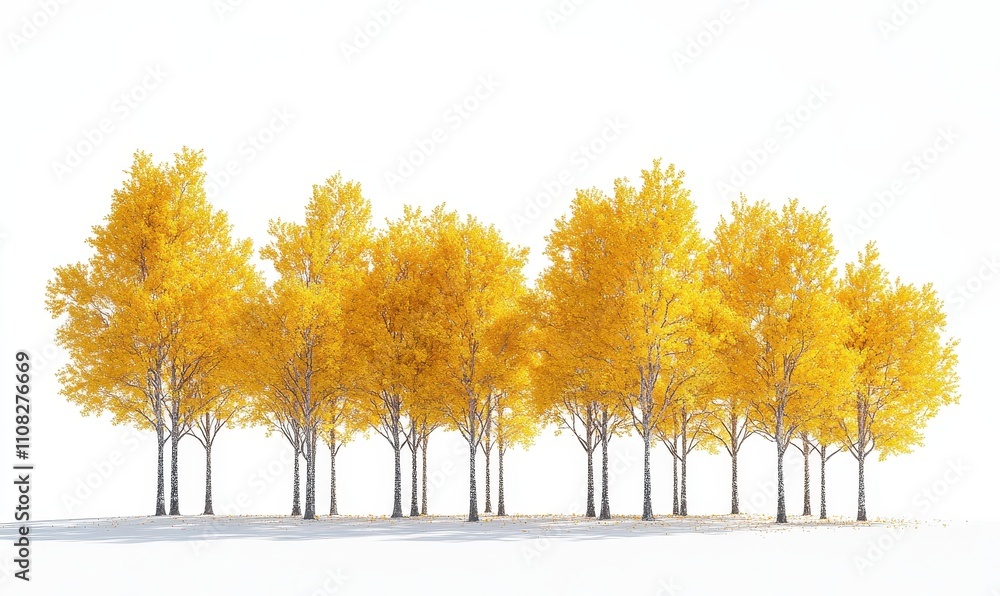 A group of yellow maple trees set against a white background symbolizes nature, ecology, and conservation, as well as strength, endurance, force, and life A group of yellow maple trees set against a white background symbolizes nature, ecology, and conservation, as well as strength, endurance, force, and life