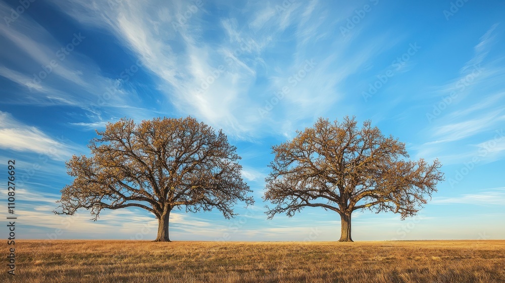 Fototapeta premium Two oak trees stand side by side on the prairie. The sky is blue with wispy clouds.