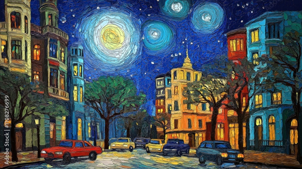 Naklejka premium Buenos Aires city street at night. Colorful buildings line the street. Trees and cars are visible. Night sky is full of stars and a large moon. Artistic impressionistic style.
