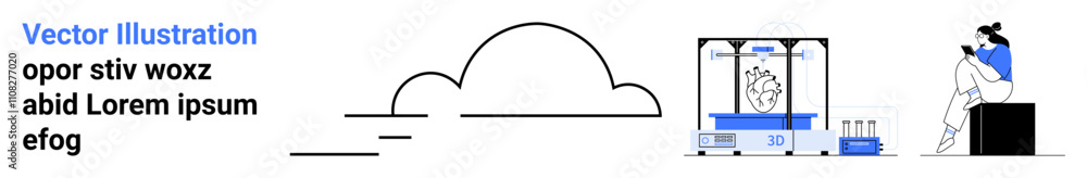 Person sitting with laptop, adjacent to cloud installation and lab equipment. Ideal for technology, science, research, data storage, cloud computing, innovation relaxation themes. Landing page Person sitting with laptop, adjacent to cloud installation and lab equipment. Ideal for technology, science, research, data storage, cloud computing, innovation relaxation themes. Landing page