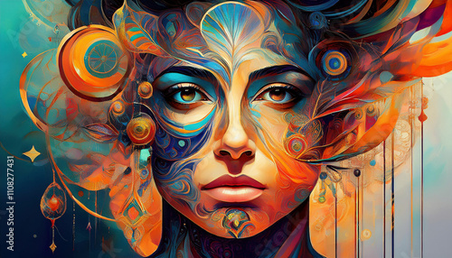 A dramatic digital art piece features a face adorned with mystical designs in vibrant turquoise, orange, and gold colors with flowing decorative elements.