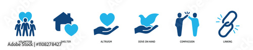 Set of glyph solid icons related charity, altruism, volunteer. Perfect pixel on transparent background