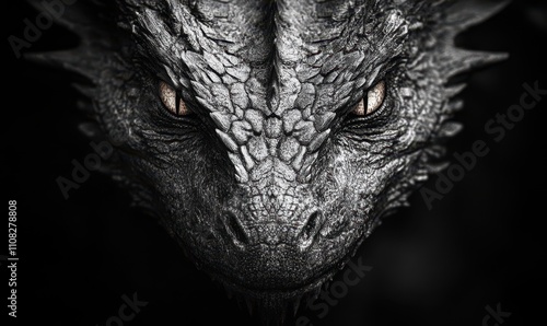 extreme macro dragon with wings, portrait, noir