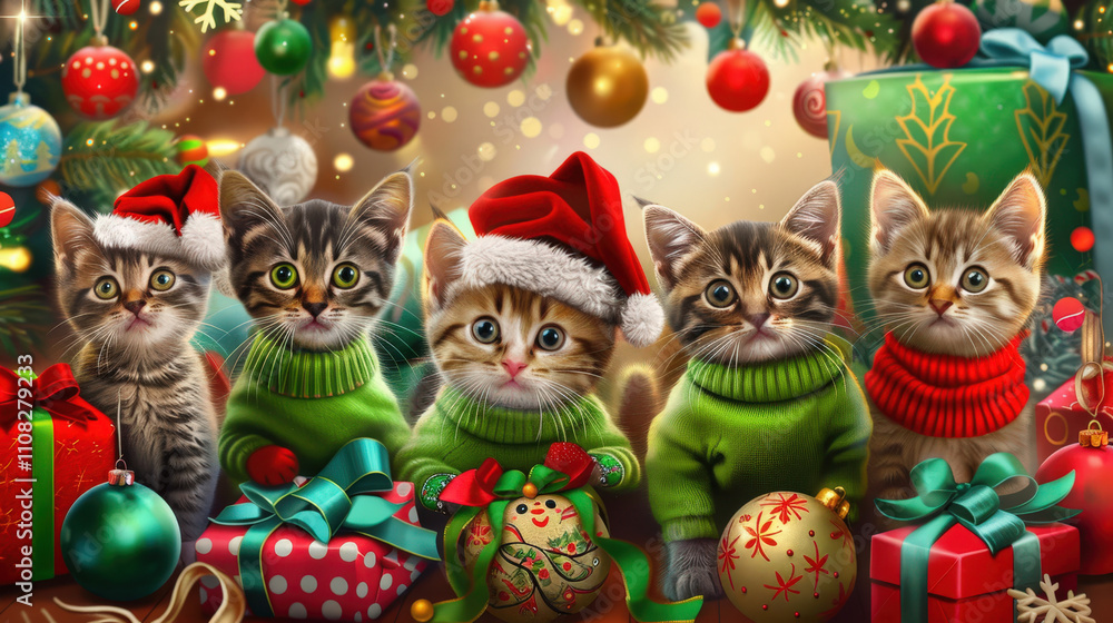 Fototapeta premium kittens dressed in green christmas sweaters and santa hats