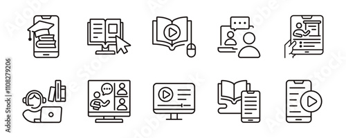 online video course icon set education tutorial study book digital learning seminar conference signs vector line illustration
